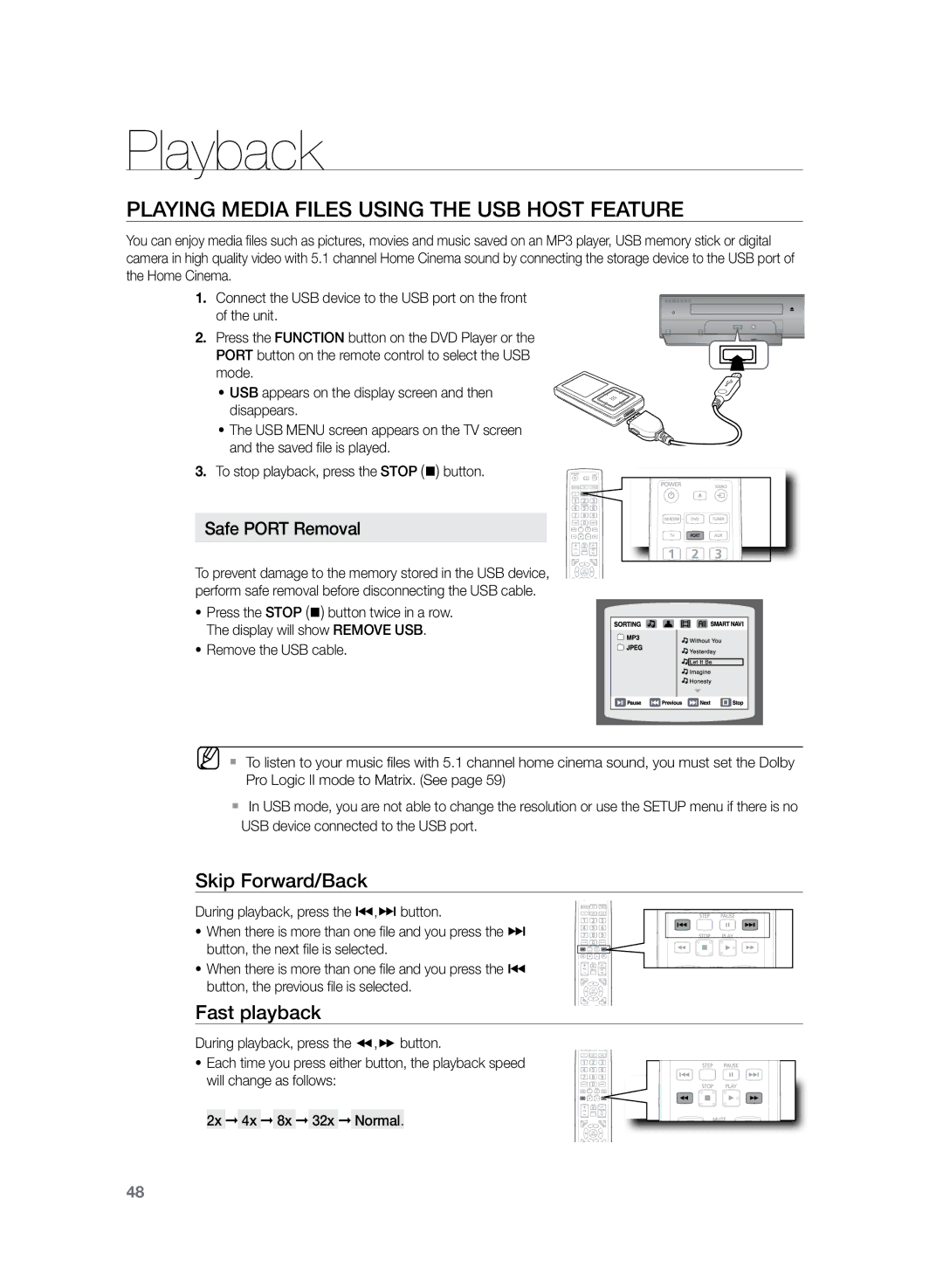 Samsung HT-TZ325R/EDC manual Playing Media Files using the USB Host Feature, Fast playback, Safe Port Removal 