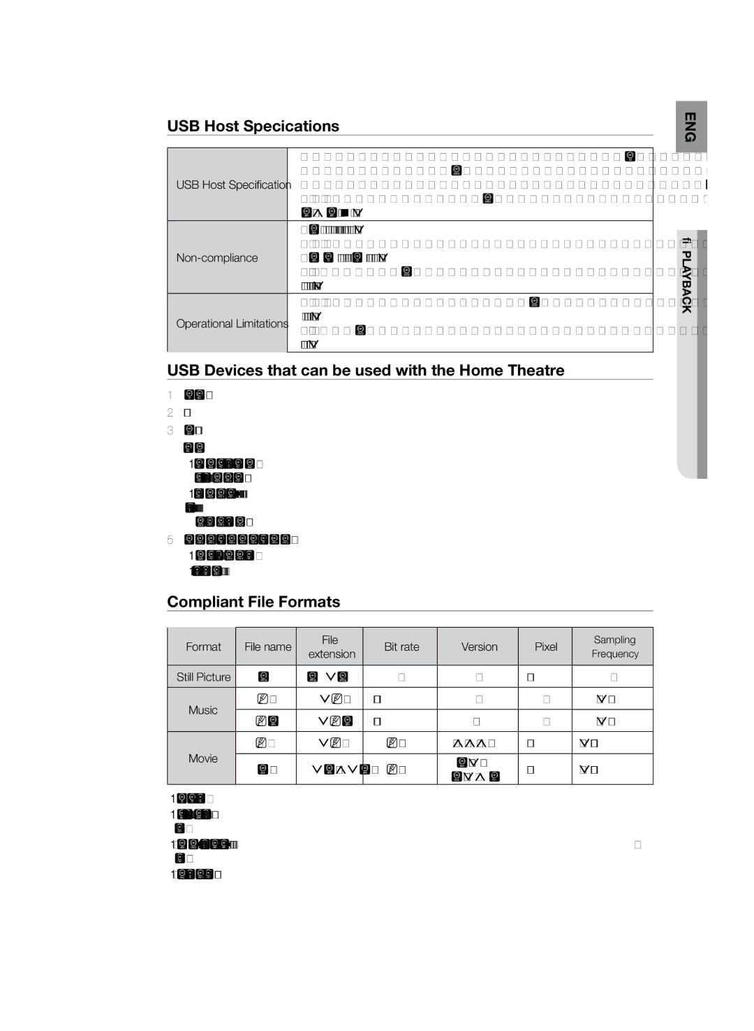 Samsung HT-TZ325R/EDC USB Host Specifications, USB Devices that can be used with the Home Theatre, Compliant File Formats 