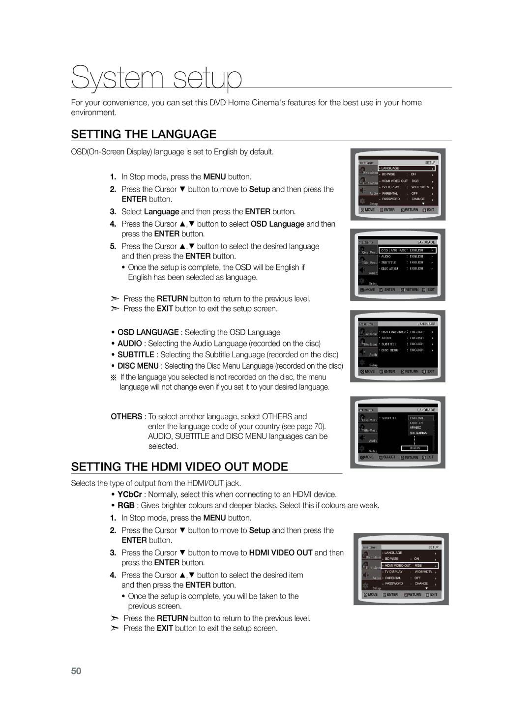 Samsung HT-TZ325R/EDC manual System setup, Setting the Language, Setting the Hdmi Video OUT Mode 