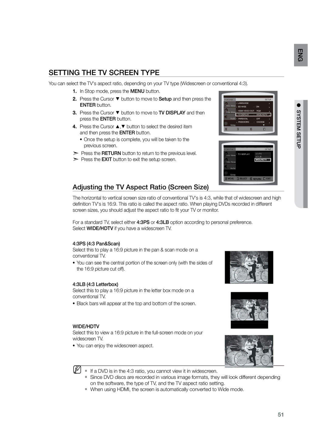 Samsung HT-TZ325R/EDC manual Setting the TV Screen Type, Adjusting the TV Aspect Ratio Screen Size, System, Wide/Hdtv 