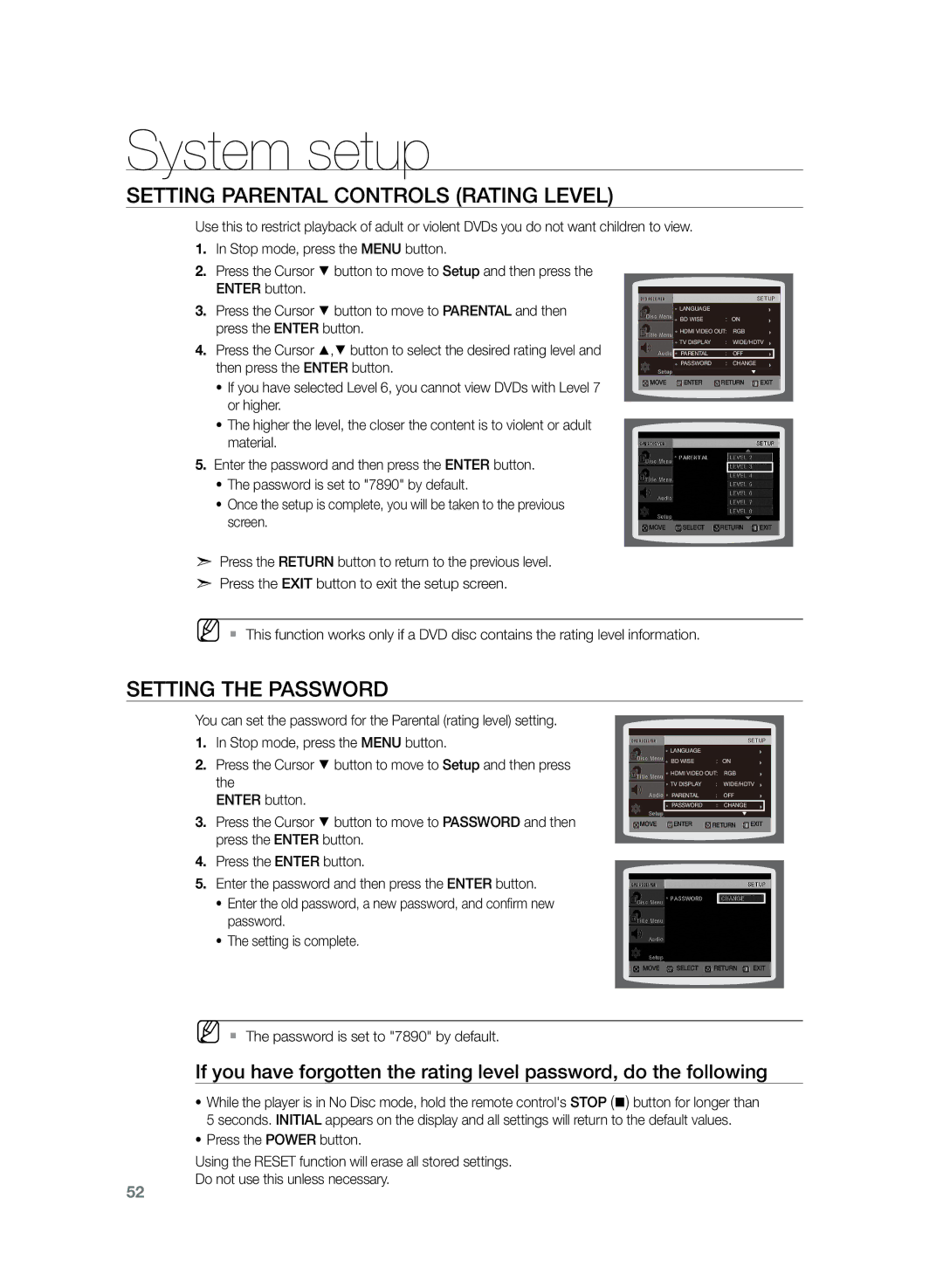 Samsung HT-TZ325R/EDC manual Setting Parental Controls Rating Level, Setting the Password 