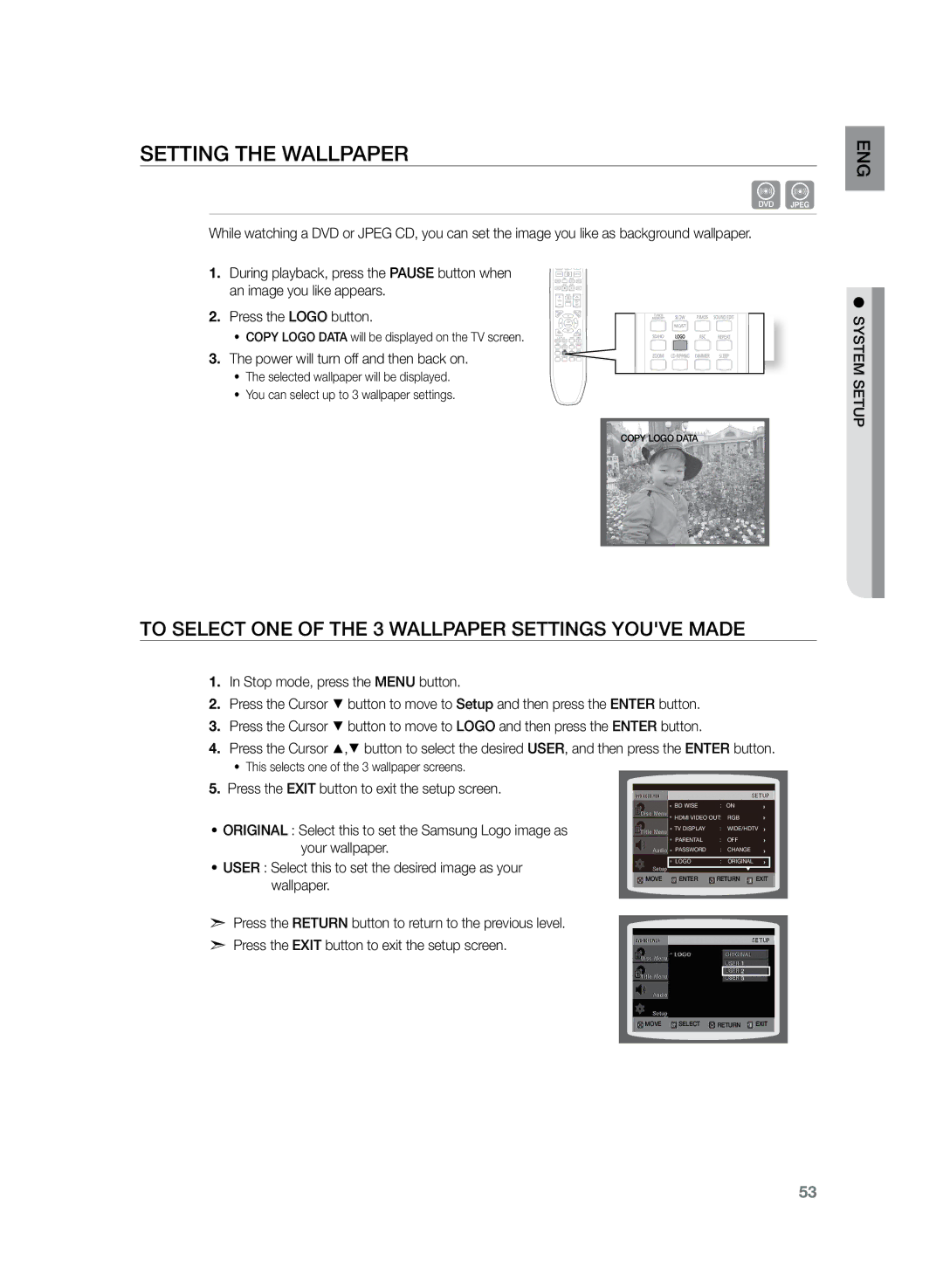 Samsung HT-TZ325R/EDC manual Setting the Wallpaper, To Select One of the 3 Wallpaper Settings youve made, ENG setup system 