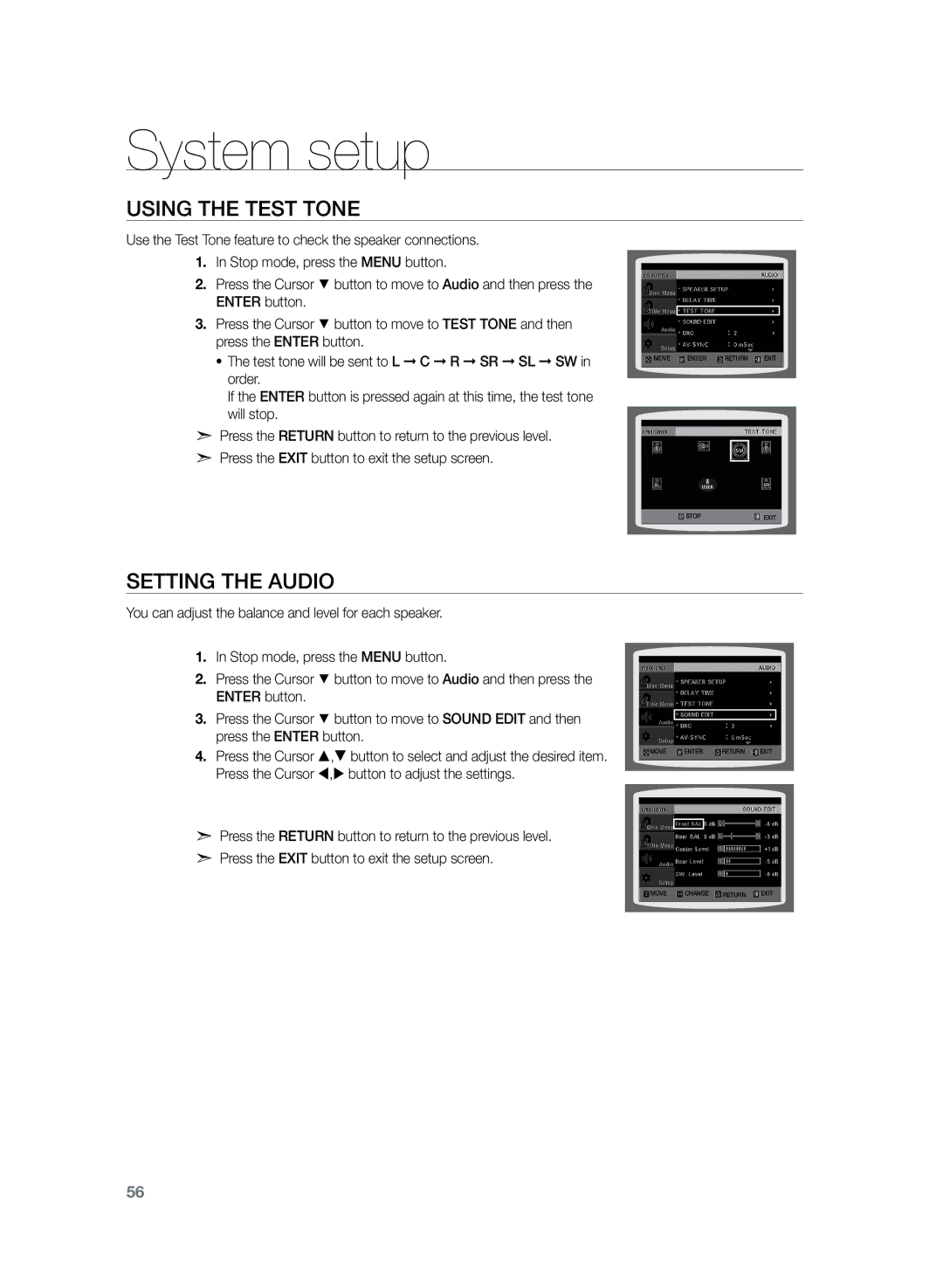 Samsung HT-TZ325R/EDC manual Using the Test Tone, Setting the Audio 