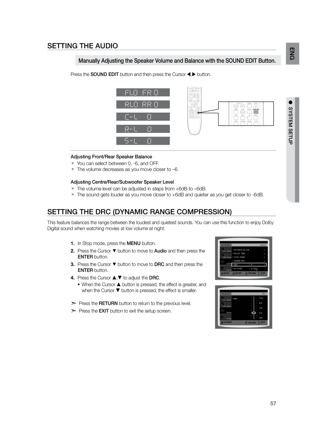 Samsung HT-TZ325R/EDC manual Setting the DRC Dynamic Range Compression, Press the Cursor , to adjust the DRC 