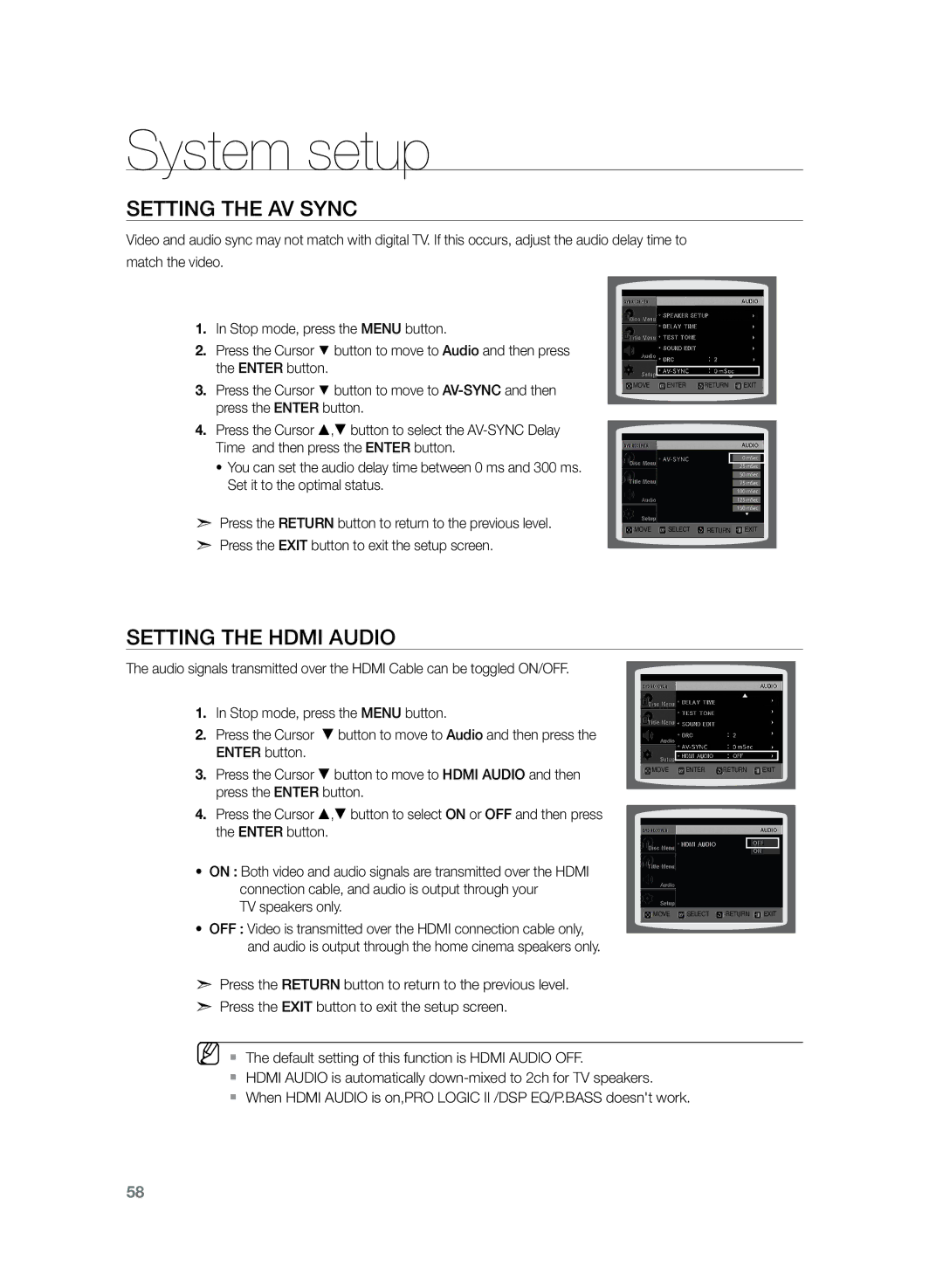 Samsung HT-TZ325R/EDC manual Setting the AV Sync, Setting the Hdmi Audio, TV speakers only 