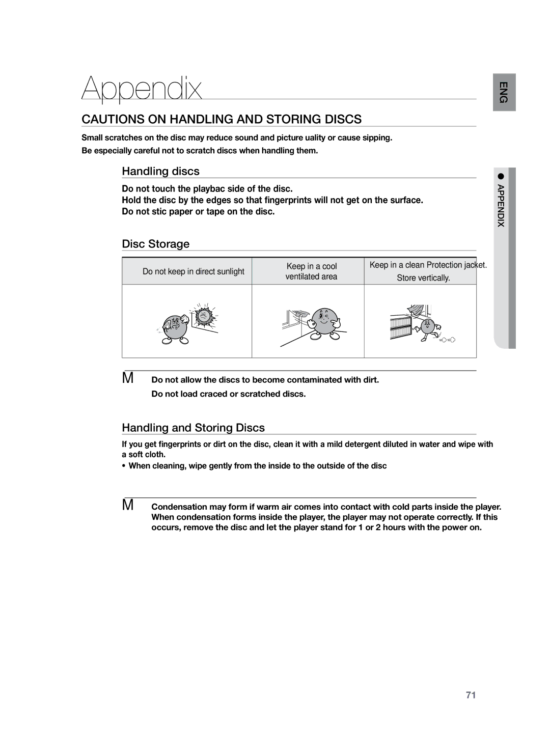 Samsung HT-TZ325R/EDC manual Appendix, Handling discs, Disc Storage, Handling and Storing Discs 