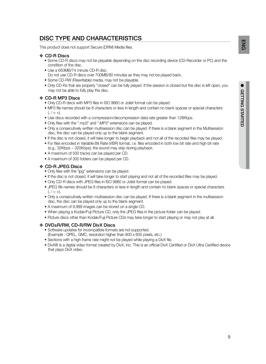 Samsung HT-TZ325R/EDC manual Disc Type and Characteristics, CD-R Discs, CD-R MP3 Discs, CD-R Jpeg Discs 