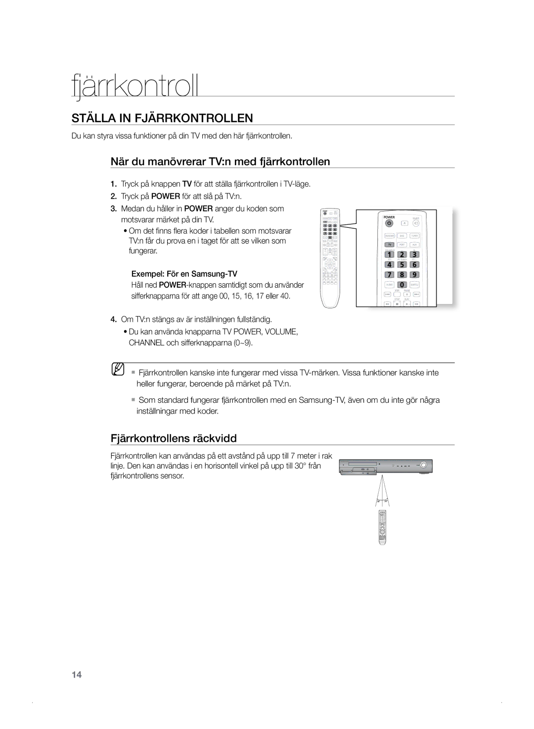 Samsung HT-TZ325R/XEE, HT-Z320R/XEE Fjärrkontroll, Ställa in fjärrkontrollen, När du manövrerar TVn med fjärrkontrollen 