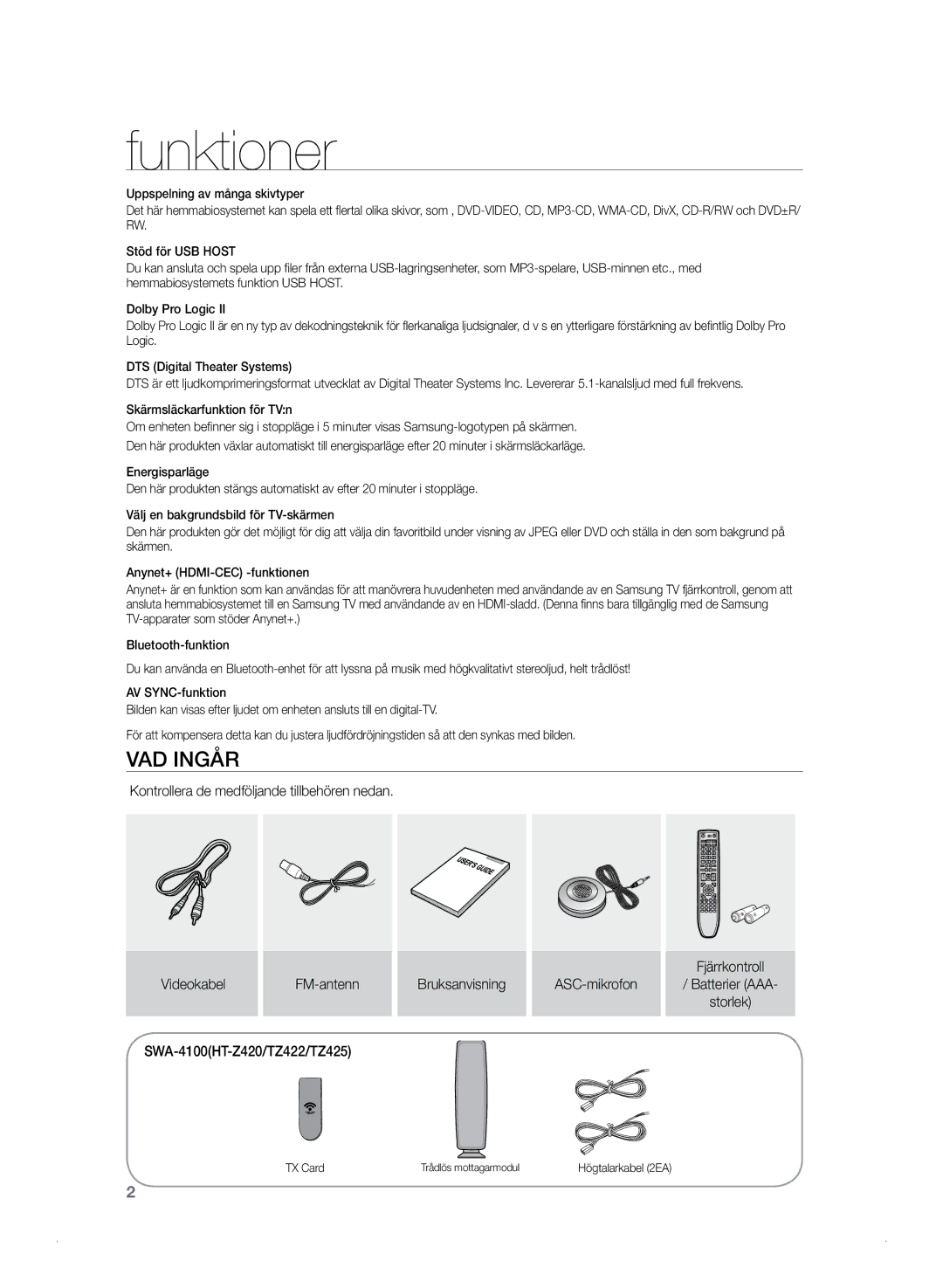 Samsung HT-TZ325R/XEE, HT-Z320R/XEE manual Funktioner, SWA-4100HT-Z420/TZ422/TZ425 