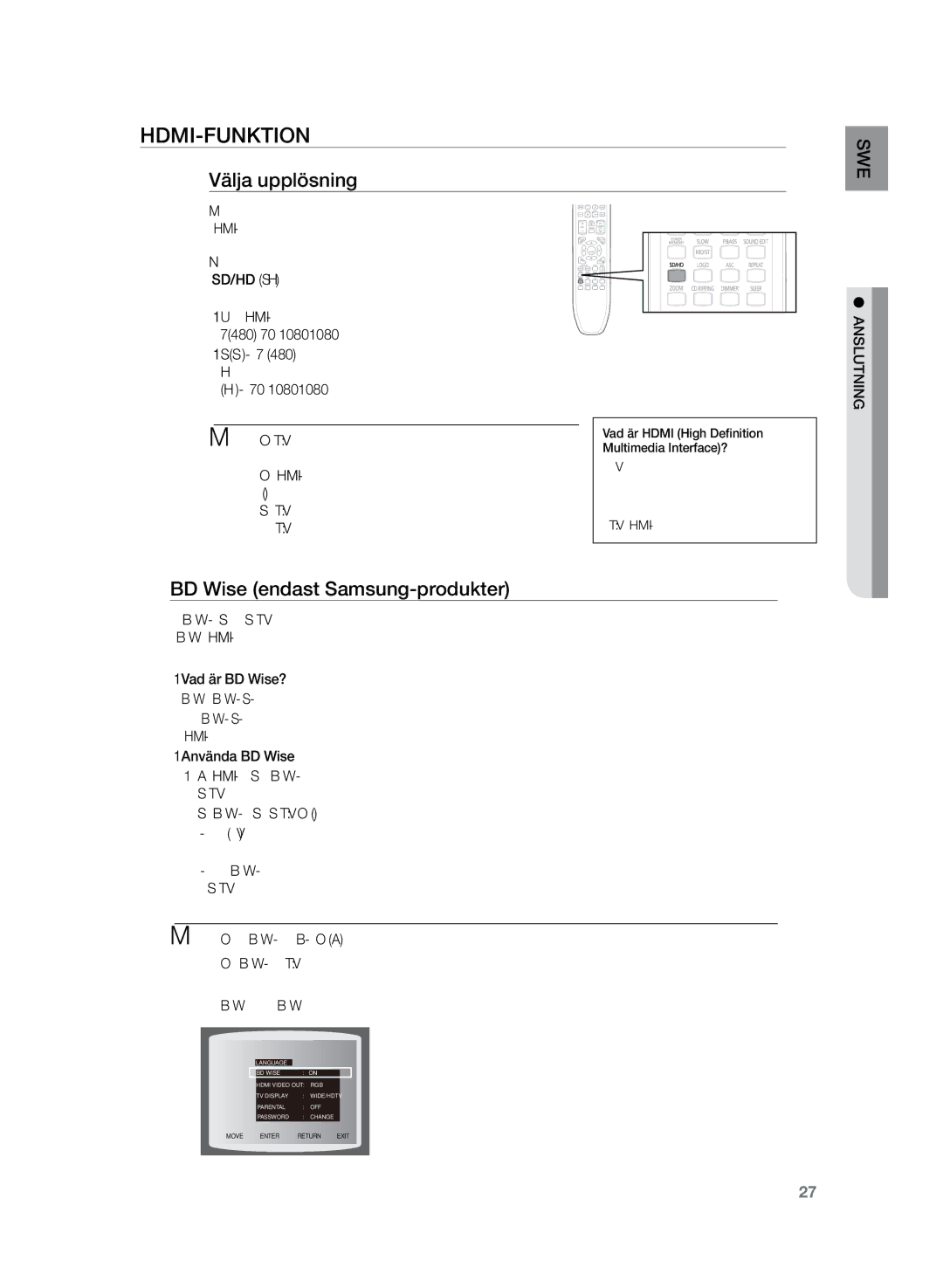 Samsung HT-Z320R/XEE, HT-TZ325R/XEE manual HDMI-funktion, Välja upplösning, BD Wise endast Samsung-produkter 