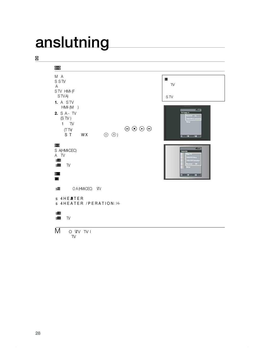 Samsung HT-TZ325R/XEE, HT-Z320R/XEE manual Användning av Anynet+HDMI-CEC, Om du väljer TV, Om du väljer Theater Bio 