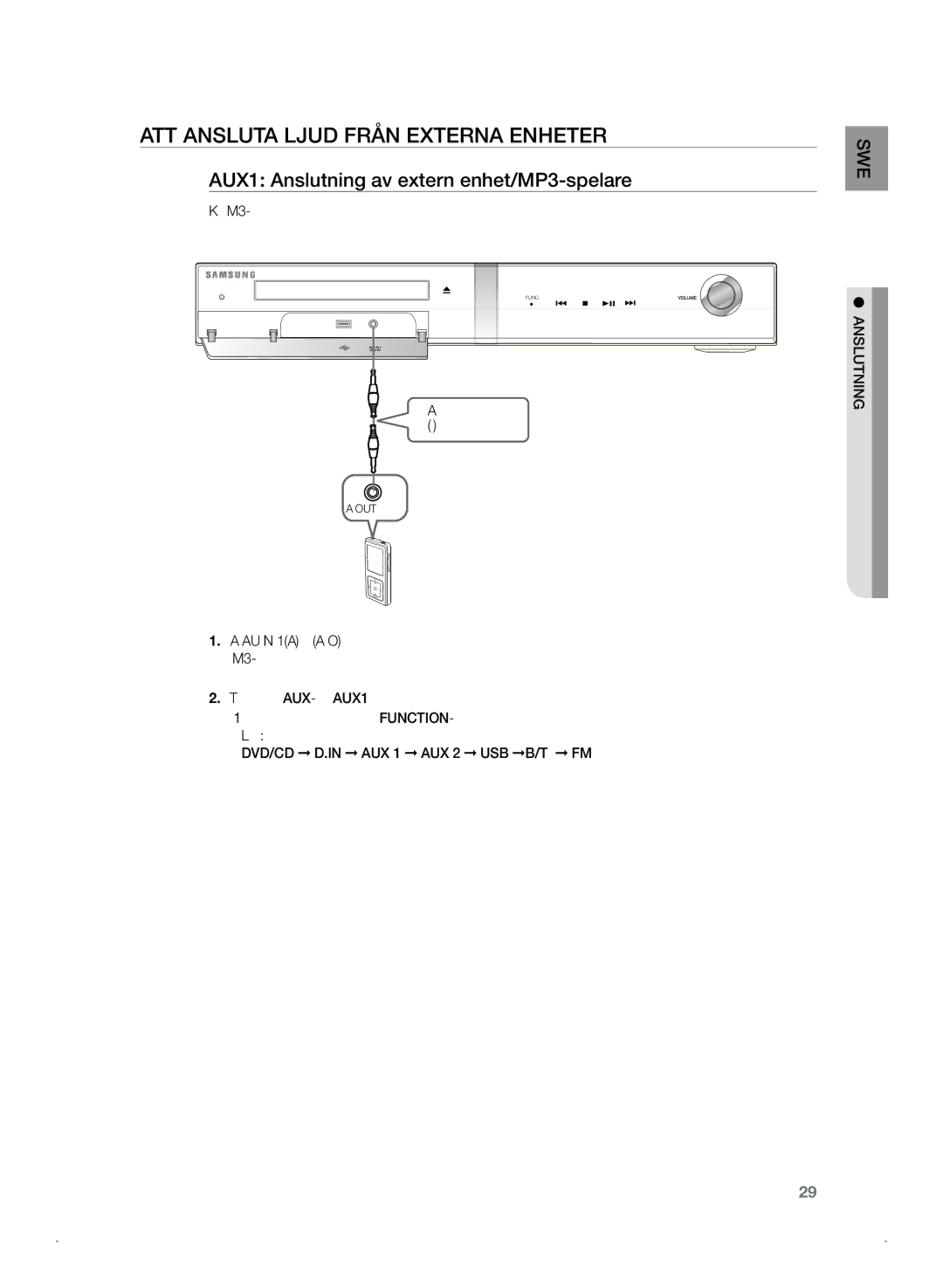 Samsung HT-Z320R/XEE, HT-TZ325R/XEE Att ansluta ljud från Externa Enheter, AUX1 Anslutning av extern enhet/MP3-spelare 