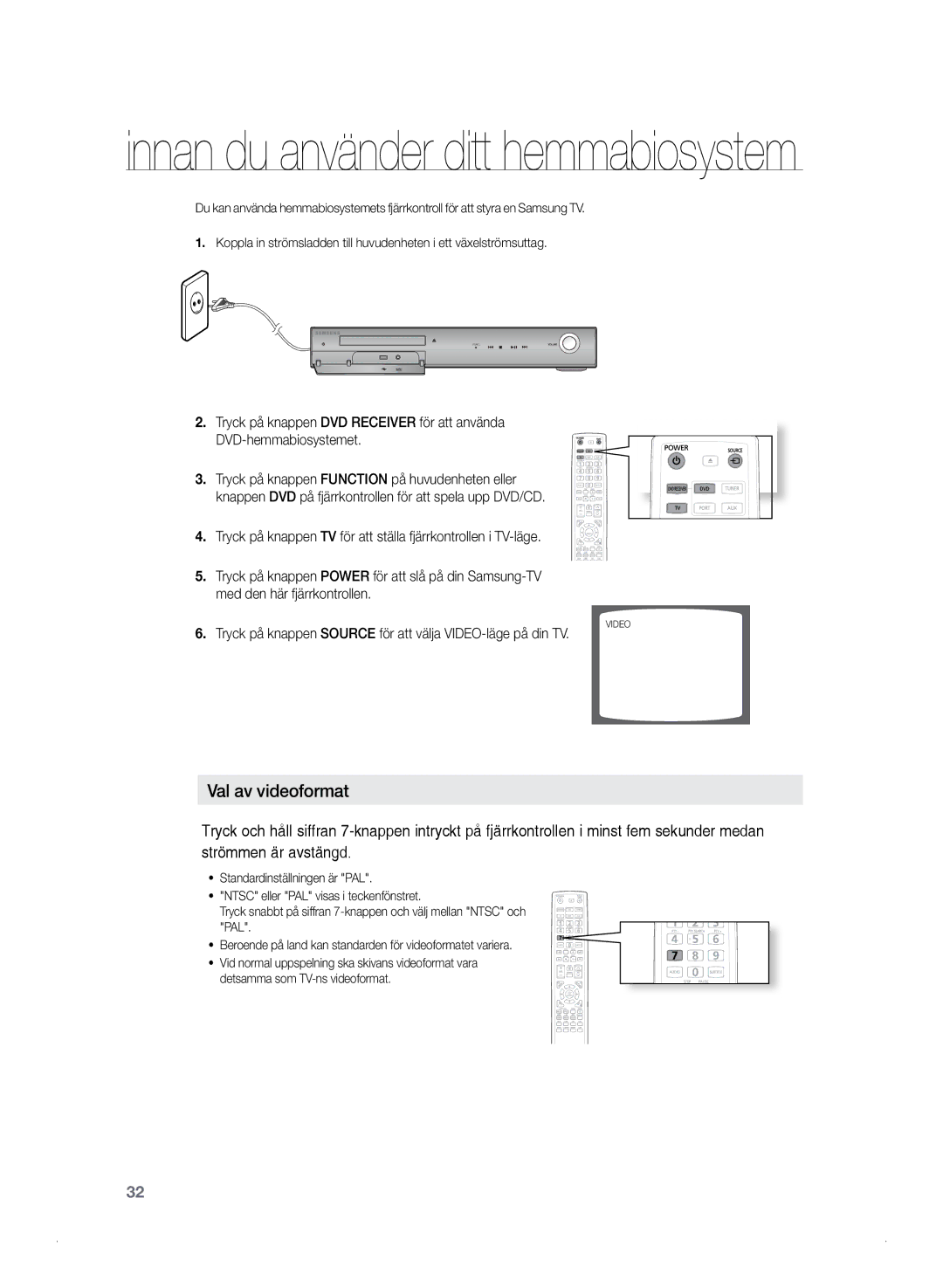 Samsung HT-TZ325R/XEE, HT-Z320R/XEE manual Innan du använder ditt hemmabiosystem, Val av videoformat 