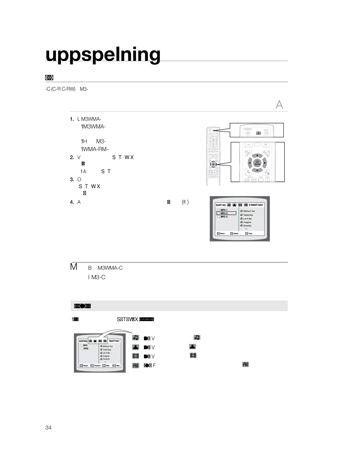 Samsung HT-TZ325R/XEE manual Spela upp Mp3/WMA-CD-skivor, Att spela upp en filikon på skärmen, Stoppläge, tryck på Enter 