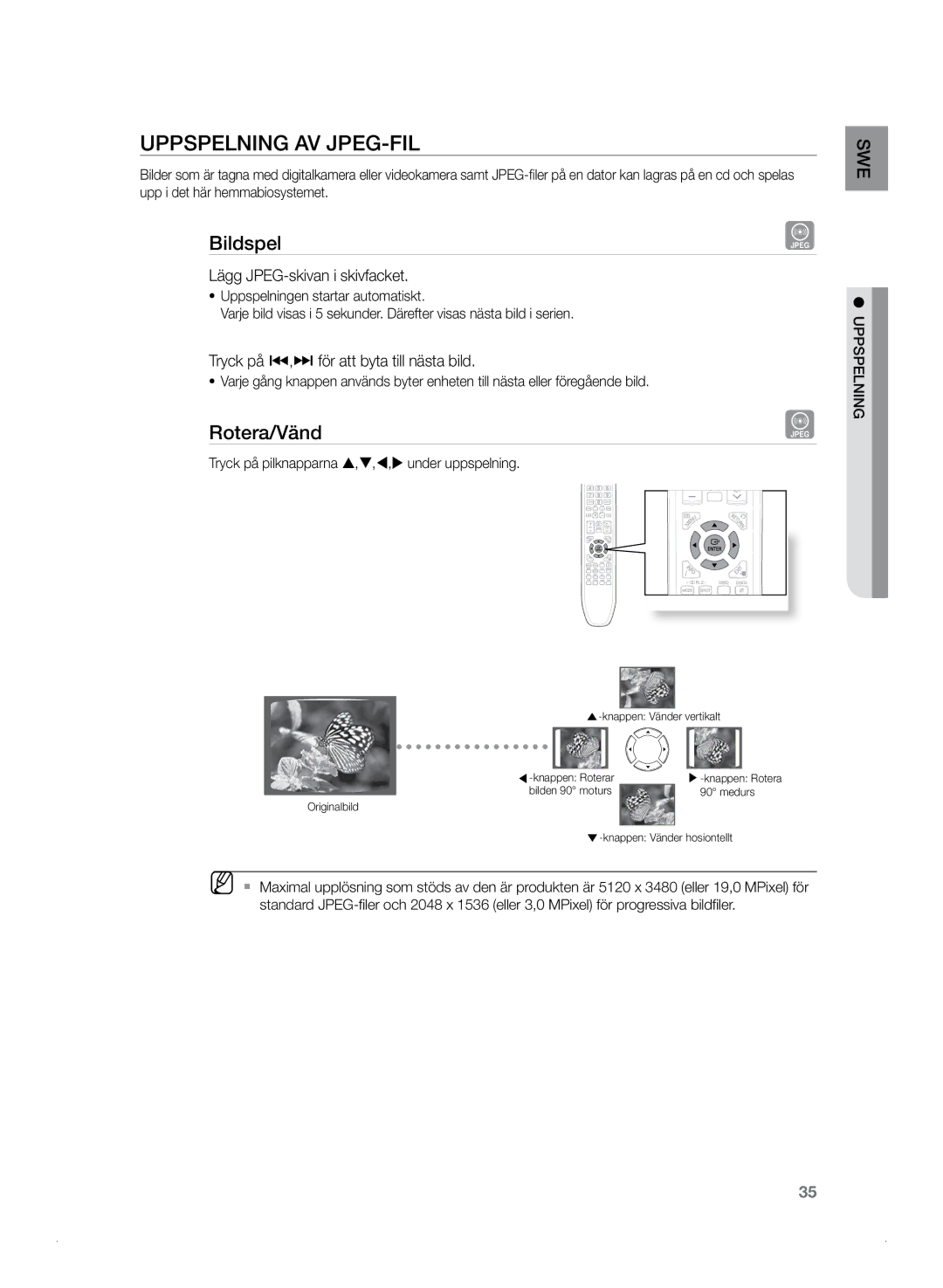 Samsung HT-Z320R/XEE, HT-TZ325R/XEE manual Uppspelning av JPEG-fil, Bildspel, Rotera/Vänd, Lägg JPEG-skivan i skivfacket 