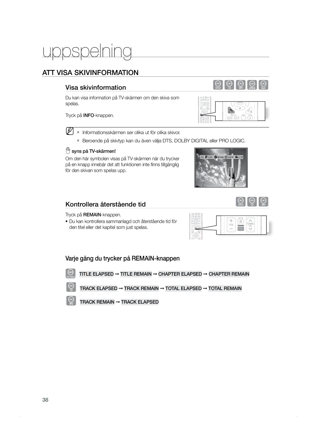 Samsung HT-TZ325R/XEE, HT-Z320R/XEE manual Att visa Skivinformation, Visa skivinformation, Kontrollera återstående tid 