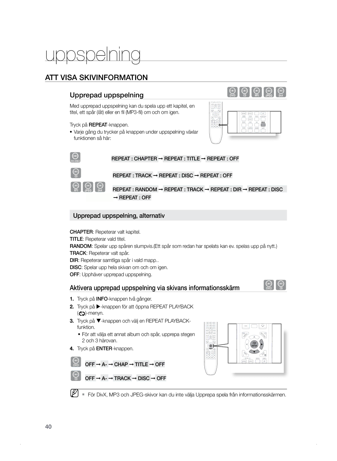 Samsung HT-TZ325R/XEE, HT-Z320R/XEE manual Upprepad uppspelning, Aktivera upprepad uppspelning via skivans informationsskärm 