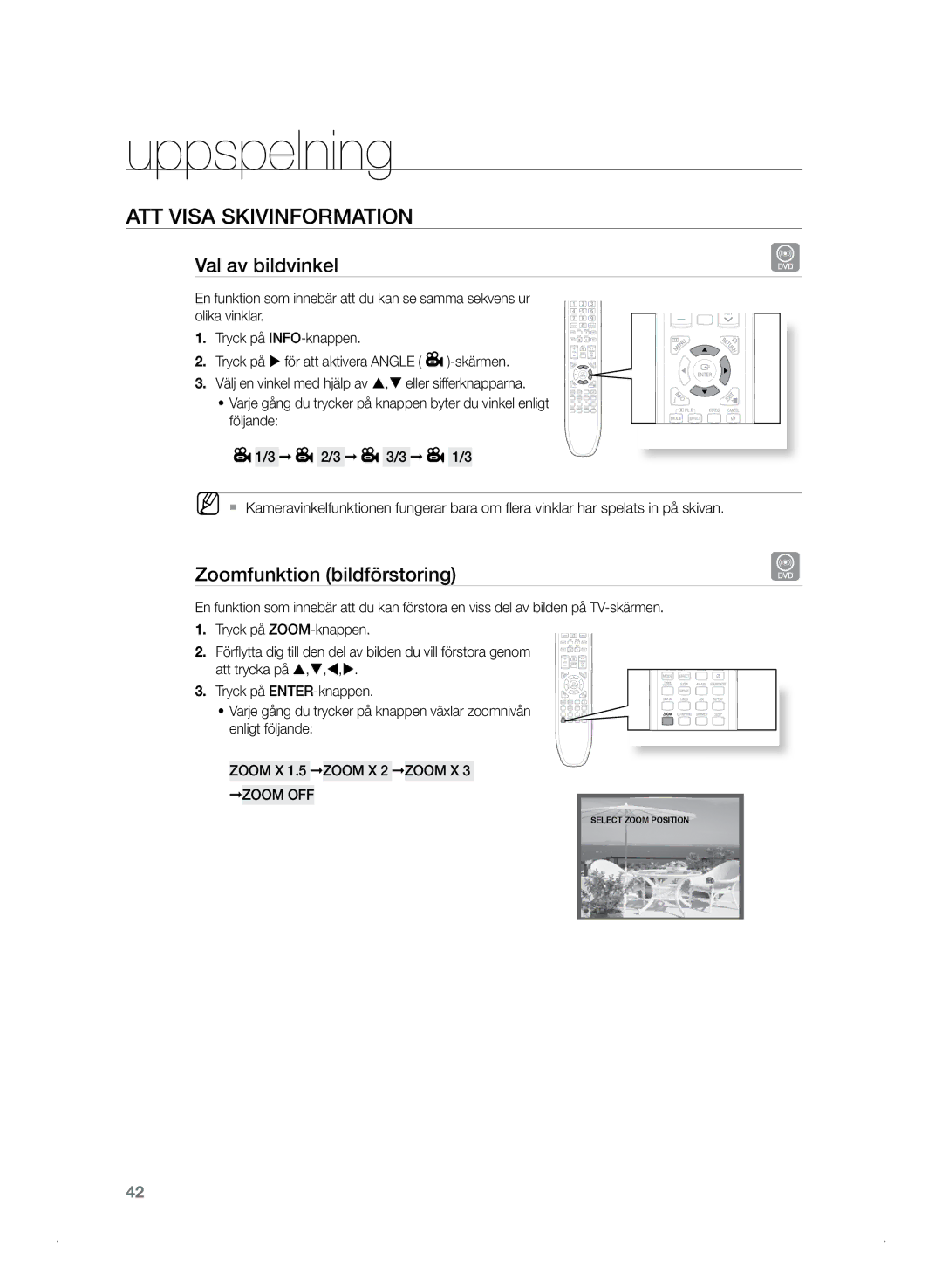 Samsung HT-TZ325R/XEE, HT-Z320R/XEE Val av bildvinkel, Zoomfunktion bildförstoring, Zoom X 1.5 Zoom X 2 Zoom X 3 Zoom OFF 