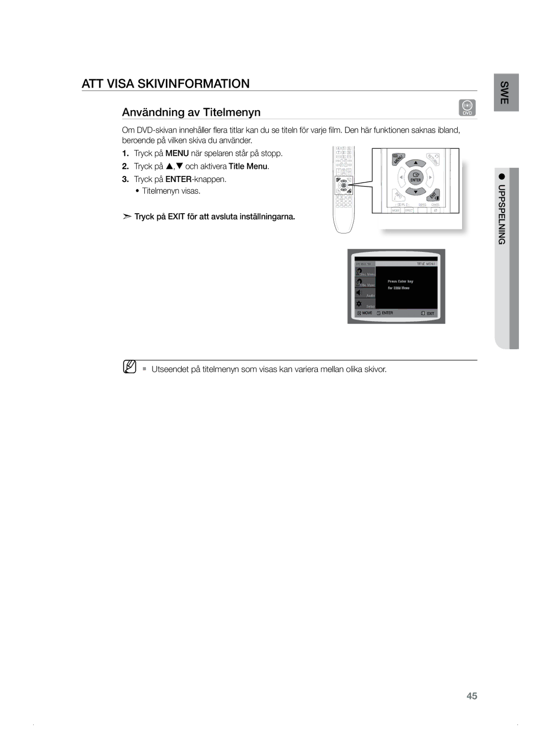 Samsung HT-Z320R/XEE, HT-TZ325R/XEE manual Användning av Titelmenyn 