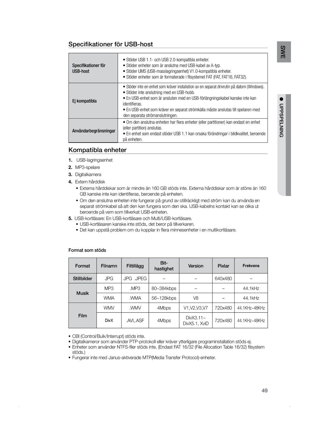 Samsung HT-Z320R/XEE, HT-TZ325R/XEE manual Specifikationer för USB-host, Kompatibla enheter 