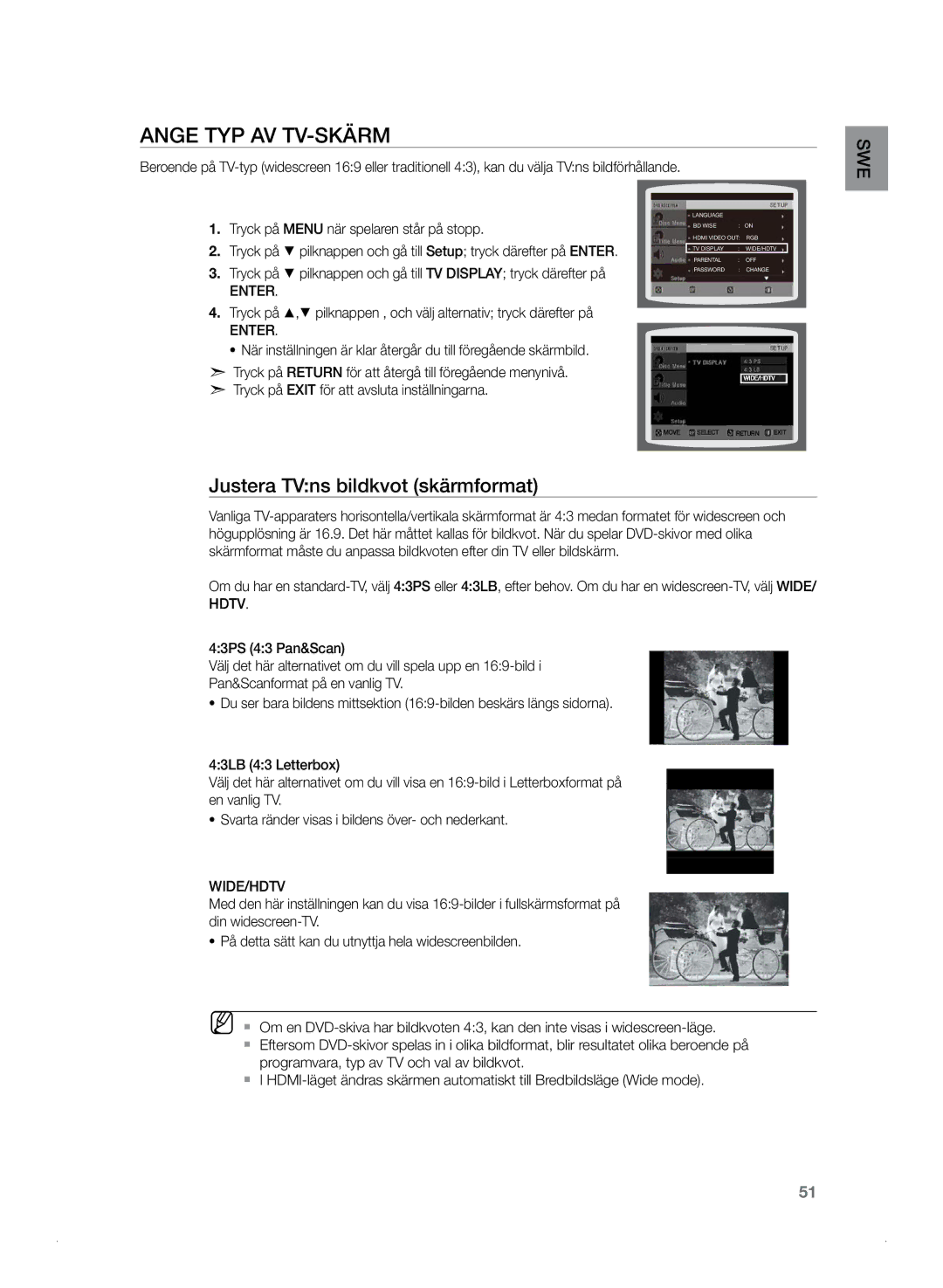 Samsung HT-Z320R/XEE, HT-TZ325R/XEE manual Ange typ av TV-skärm, Justera TVns bildkvot skärmformat, Wide/Hdtv 