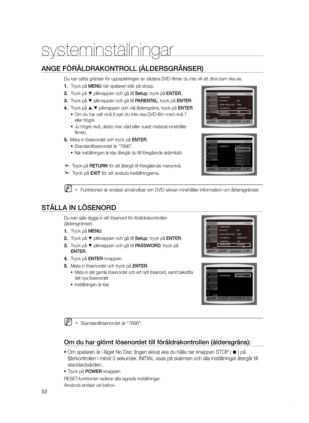 Samsung HT-TZ325R/XEE, HT-Z320R/XEE Ange föräldrakontroll åldersgränser, Ställa in lösenord, MM`` Standardlösenordet är 