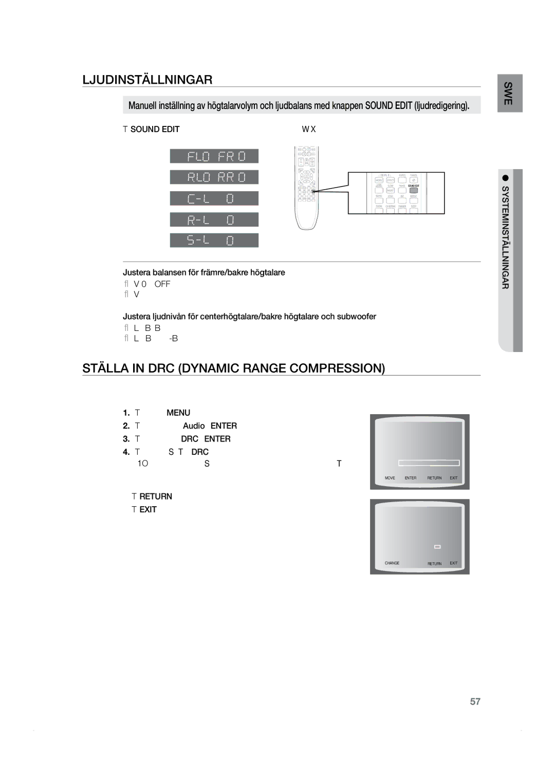 Samsung HT-Z320R/XEE, HT-TZ325R/XEE manual Ställa in DRC Dynamic Range Compression, SWE ällningar systeminst 