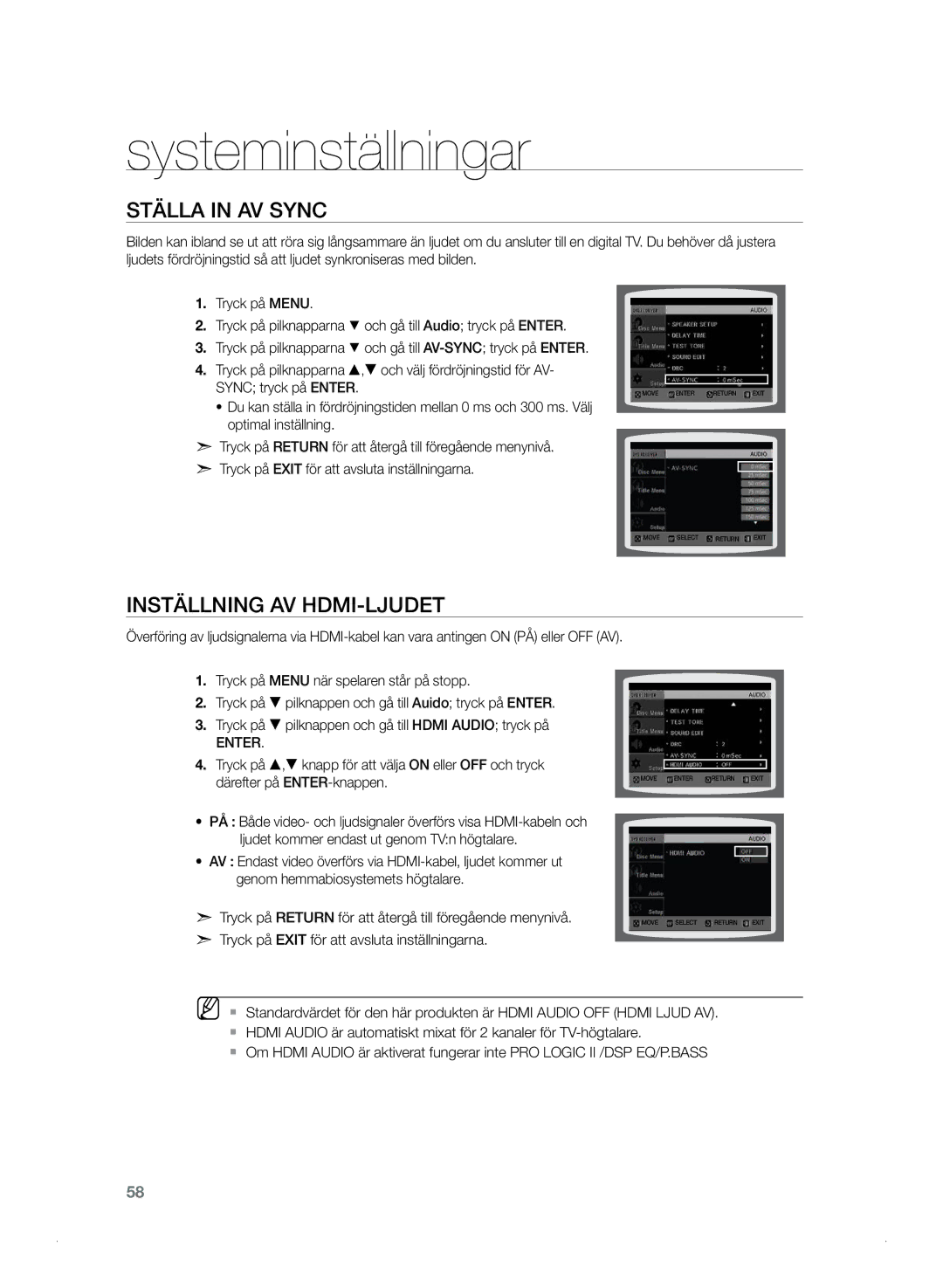 Samsung HT-TZ325R/XEE, HT-Z320R/XEE manual Ställa in AV Sync, Inställning av HDMI-ljudet 