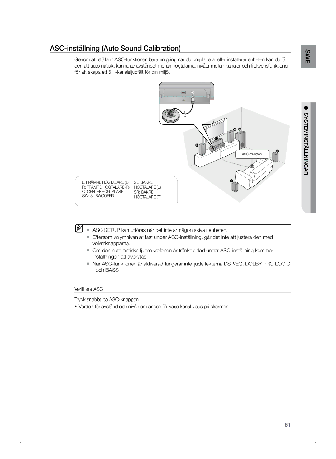 Samsung HT-Z320R/XEE, HT-TZ325R/XEE manual ASC-inställning Auto Sound Calibration 