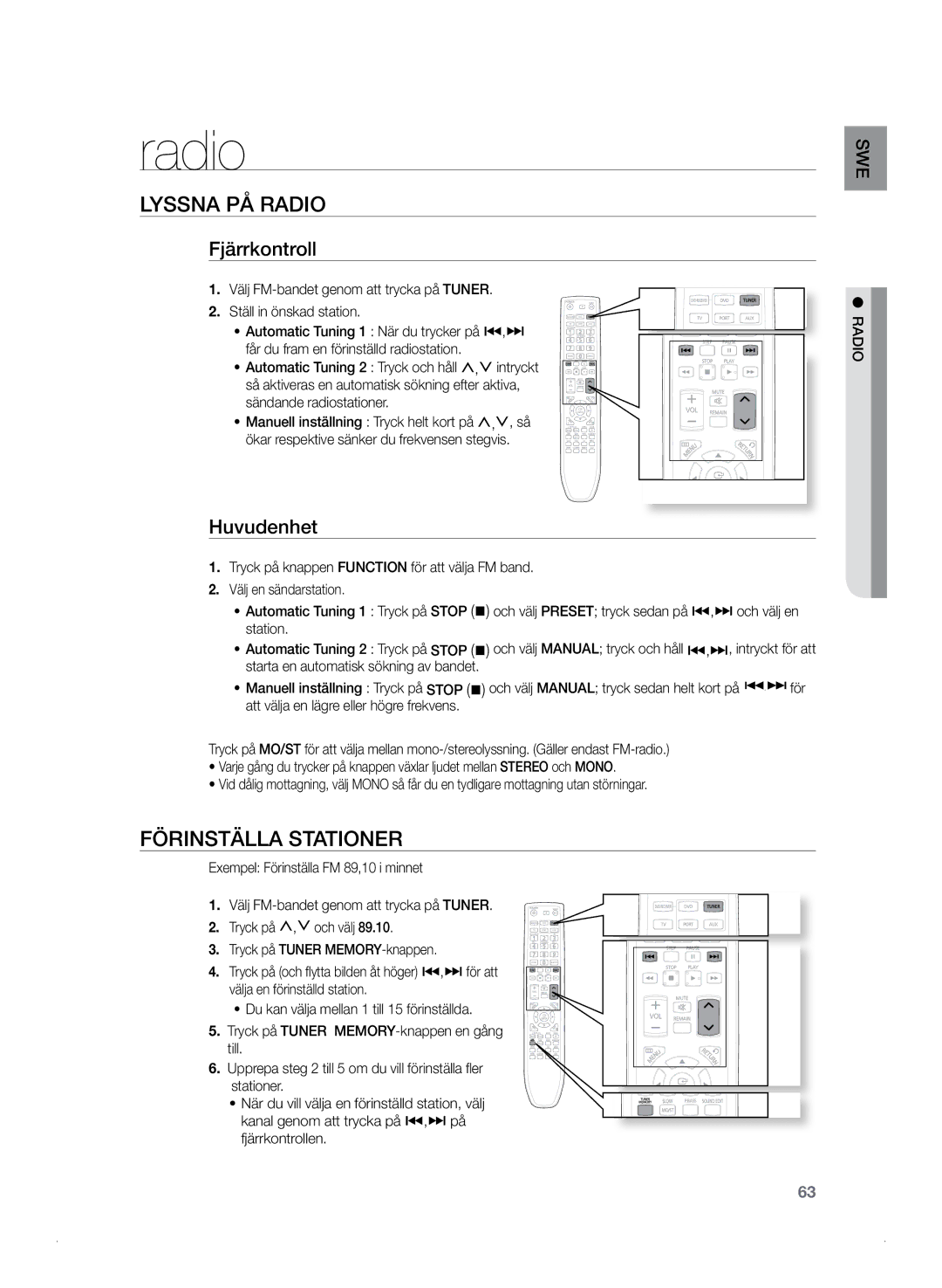 Samsung HT-Z320R/XEE, HT-TZ325R/XEE manual Radio, Lyssna på radio, Förinställa stationer, Fjärrkontroll, Huvudenhet 