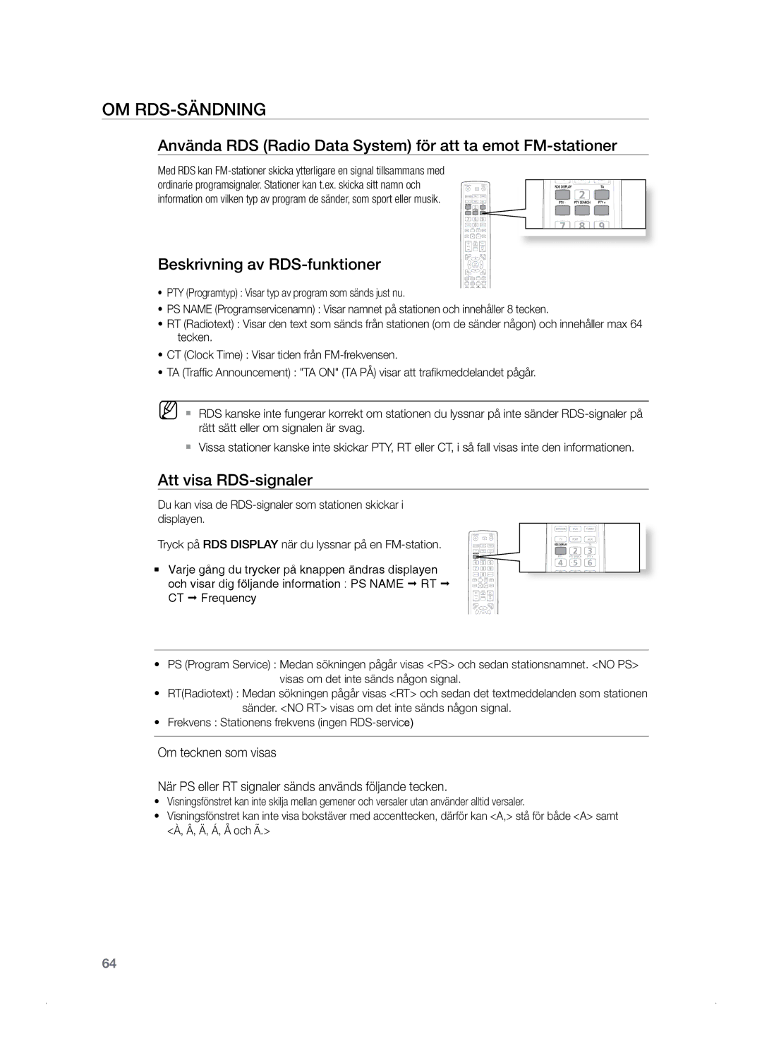 Samsung HT-TZ325R/XEE Om RDS-sändning, Använda RDS Radio Data System för att ta emot FM-stationer, Att visa RDS-signaler 