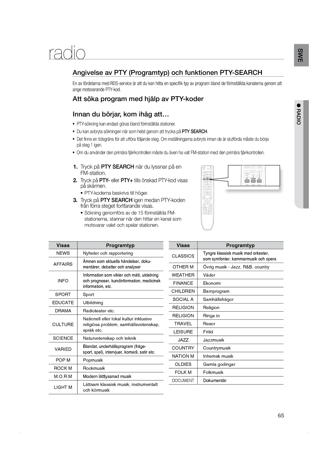 Samsung HT-Z320R/XEE, HT-TZ325R/XEE manual Angivelse av PTY Programtyp och funktionen PTY-SEARCH, Visas Programtyp 