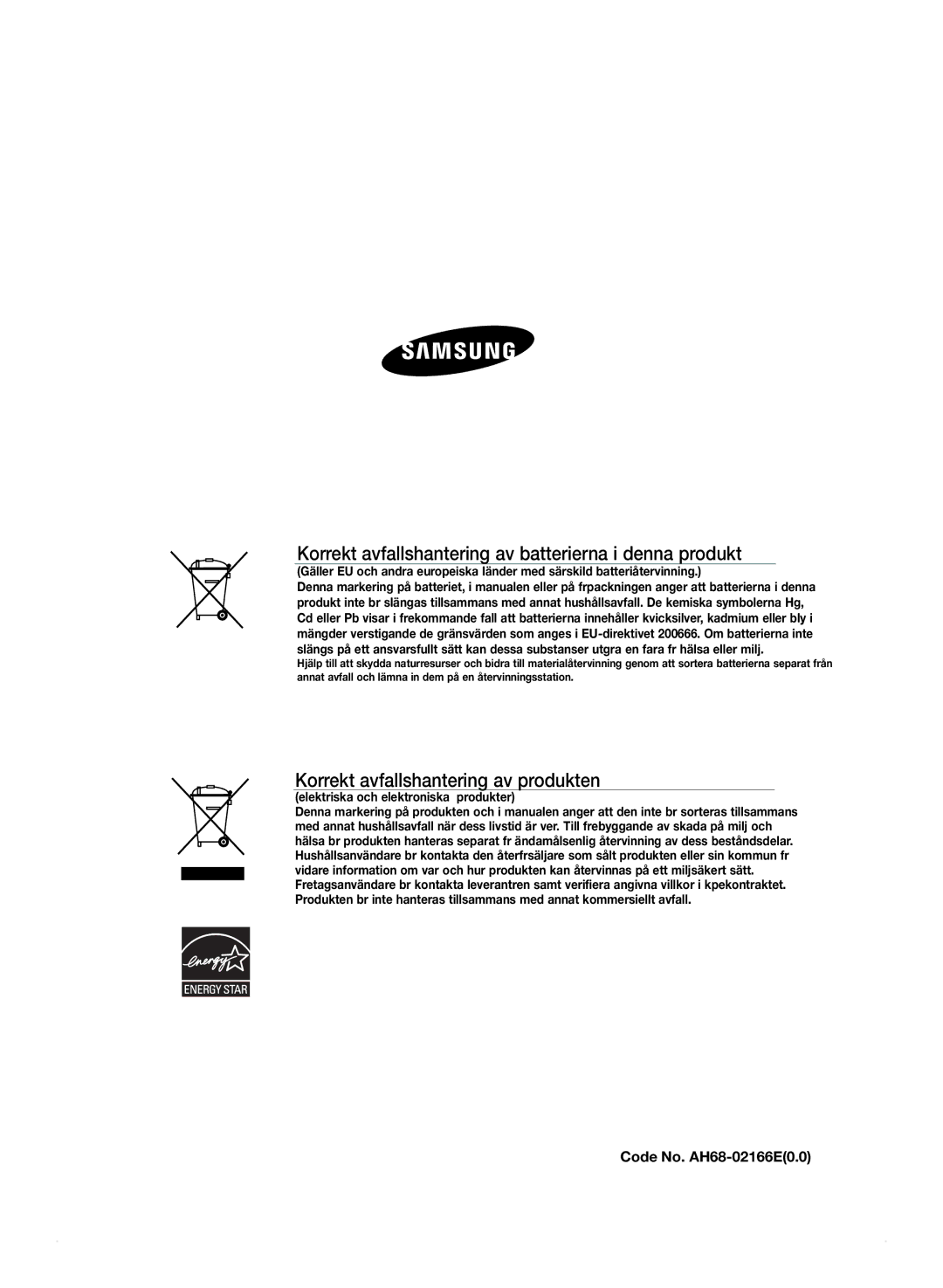 Samsung HT-TZ325R/XEE manual Korrekt avfallshantering av batterierna i denna produkt, Korrekt avfallshantering av produkten 