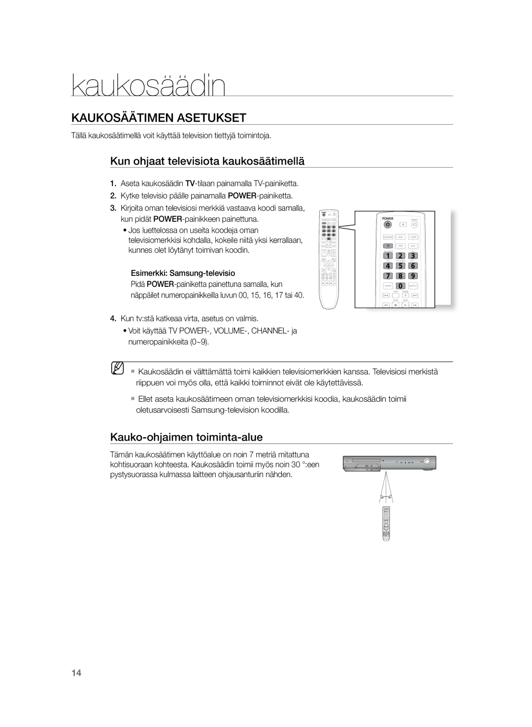 Samsung HT-TZ325R/XEE, HT-Z320R/XEE manual Kaukosäädin, Kaukosäätimen asetukset, Kun ohjaat televisiota kaukosäätimellä 