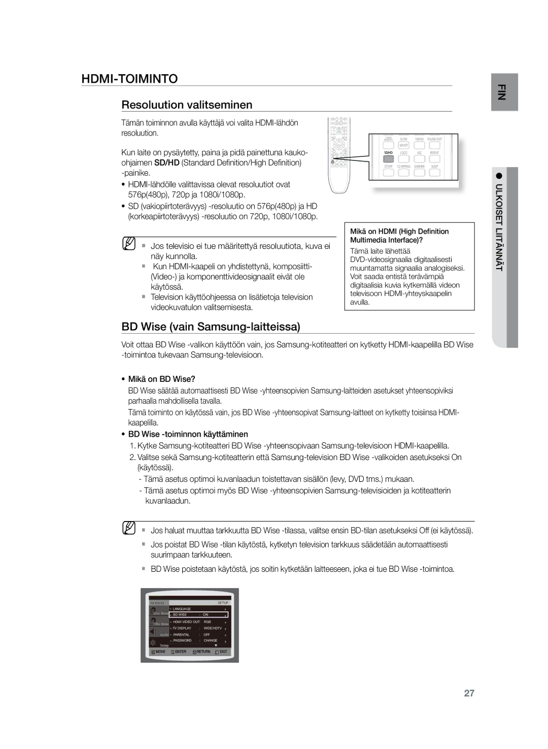 Samsung HT-Z320R/XEE, HT-TZ325R/XEE manual HDMI-toiminto, Resoluution valitseminen, BD Wise vain Samsung-laitteissa 