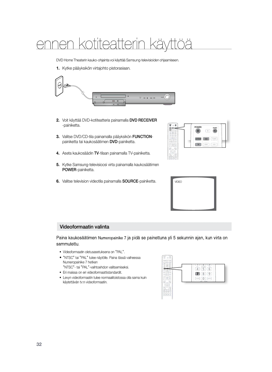 Samsung HT-TZ325R/XEE manual Ennen kotiteatterin käyttöä, Videoformaatin valinta, Kytke pääyksikön virtajohto pistorasiaan 