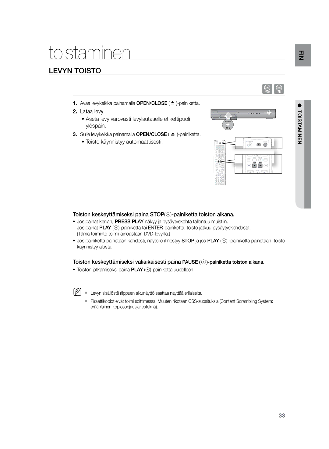 Samsung HT-Z320R/XEE, HT-TZ325R/XEE manual Toistaminen, Levyn toisto 