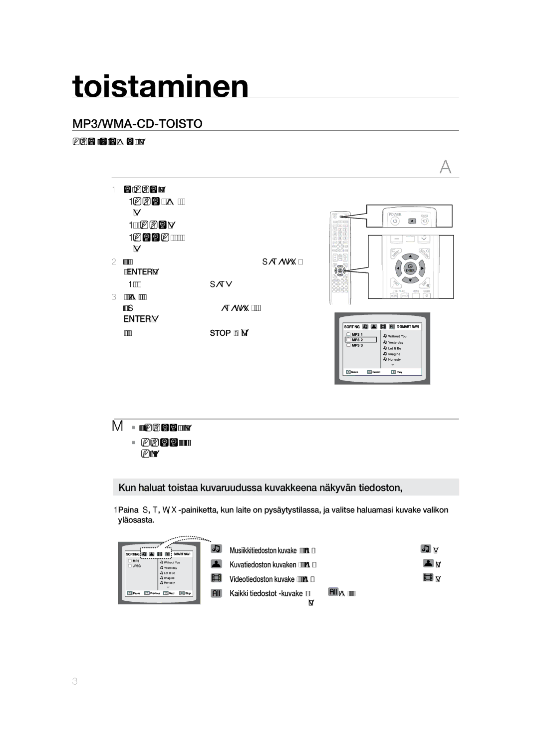 Samsung HT-TZ325R/XEE, HT-Z320R/XEE manual MP3/WMA-CD-toisto, ENTER-painiketta 