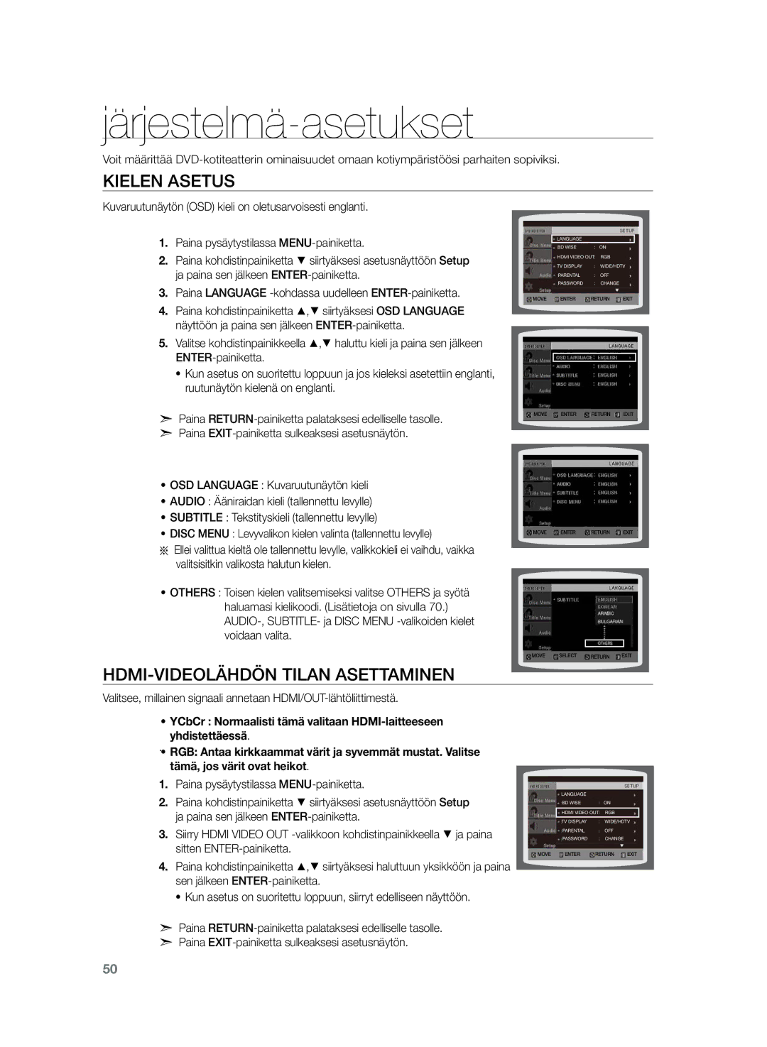 Samsung HT-TZ325R/XEE manual Järjestelmä-asetukset, Kielen asetus, Paina Language -kohdassa uudelleen ENTER-painiketta 