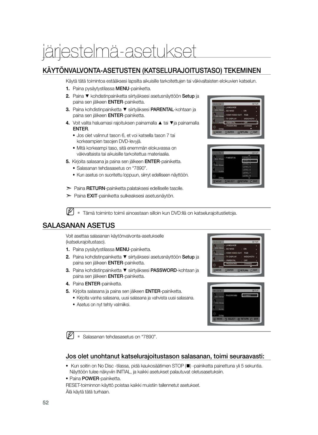 Samsung HT-TZ325R/XEE, HT-Z320R/XEE manual Käytönvalvonta-asetusten Katselurajoitustaso tekeminen, Salasanan asetus, Enter 