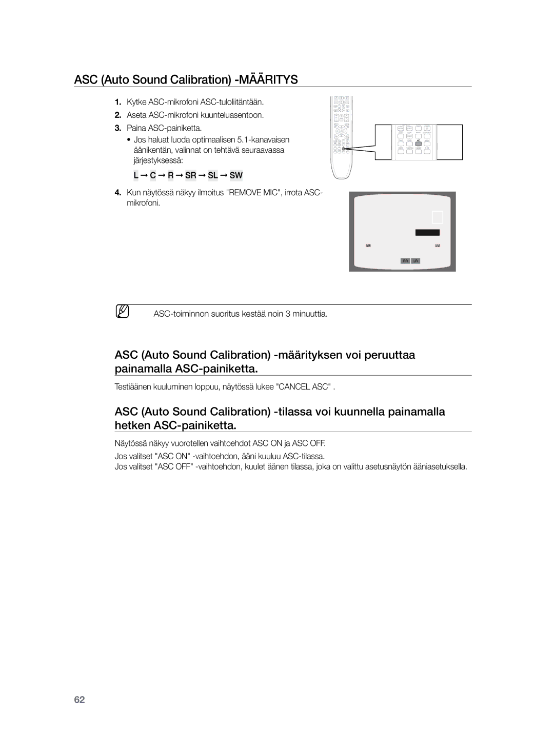 Samsung HT-TZ325R/XEE, HT-Z320R/XEE manual Testiäänen kuuluminen loppuu, näytössä lukee Cancel ASC 