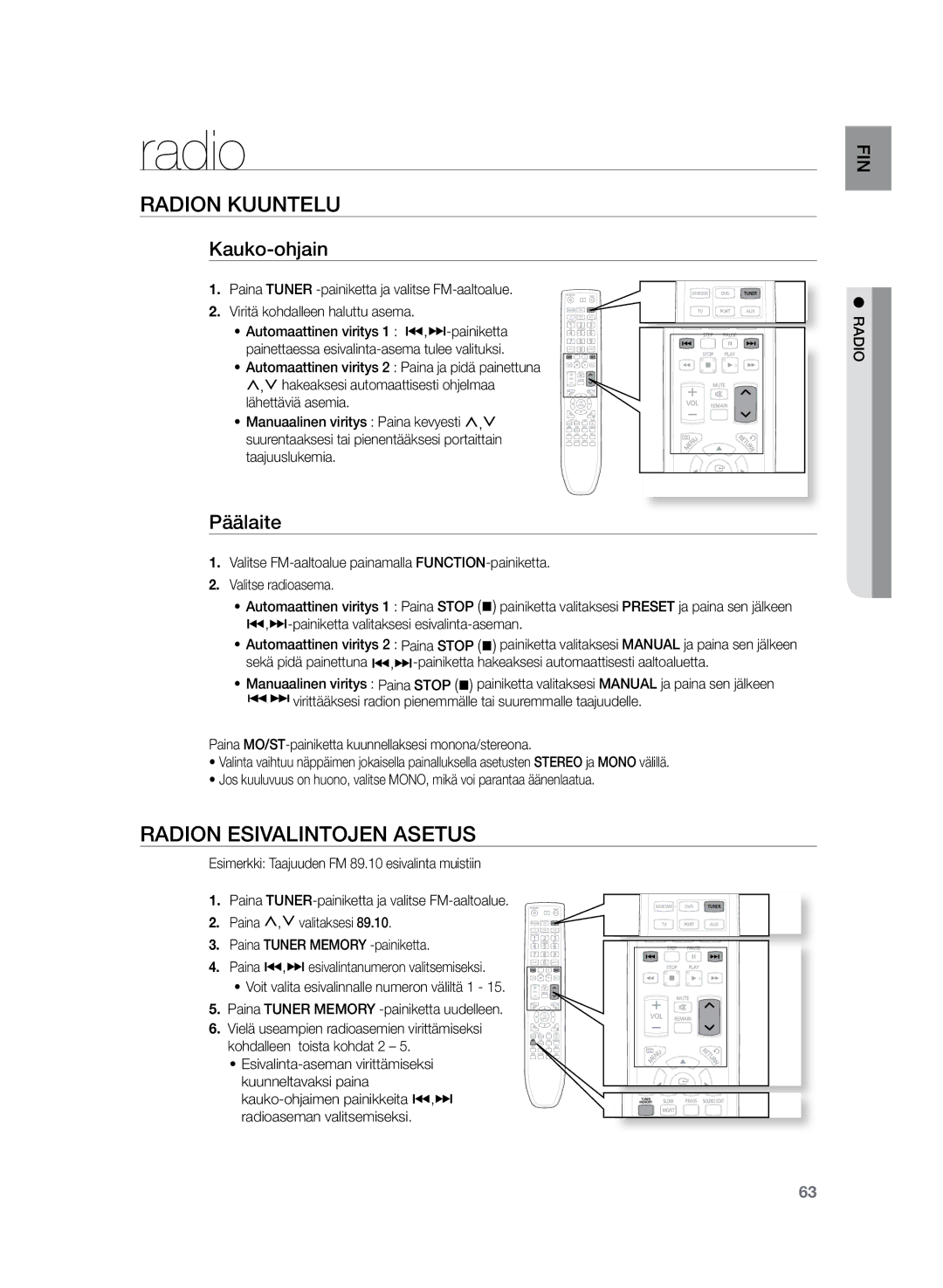 Samsung HT-Z320R/XEE, HT-TZ325R/XEE manual Radion kuuntelu, Radion esivalintojen asetus, Kauko-ohjain, Päälaite 