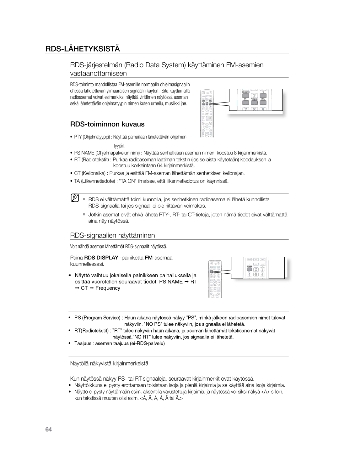 Samsung HT-TZ325R/XEE, HT-Z320R/XEE manual RDS-lähetyksistä, RDS-toiminnon kuvaus, RDS-signaalien näyttäminen 