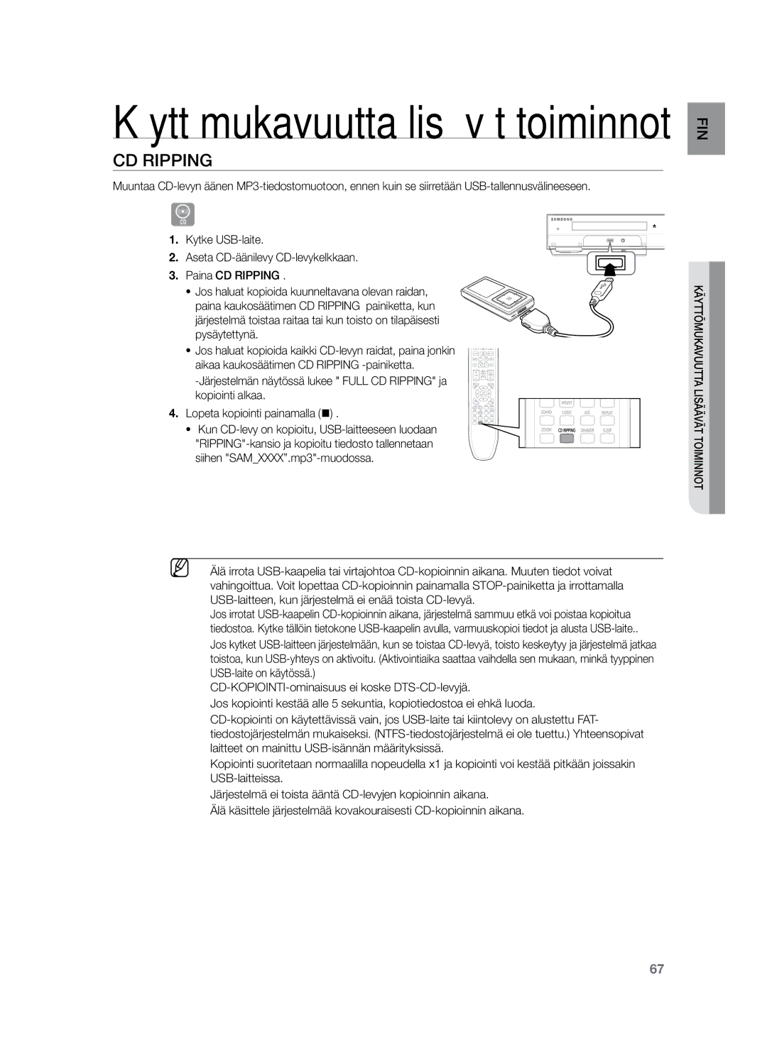 Samsung HT-Z320R/XEE, HT-TZ325R/XEE manual Käyttömukavuutta lisäävät toiminnot, CD rIPPING 