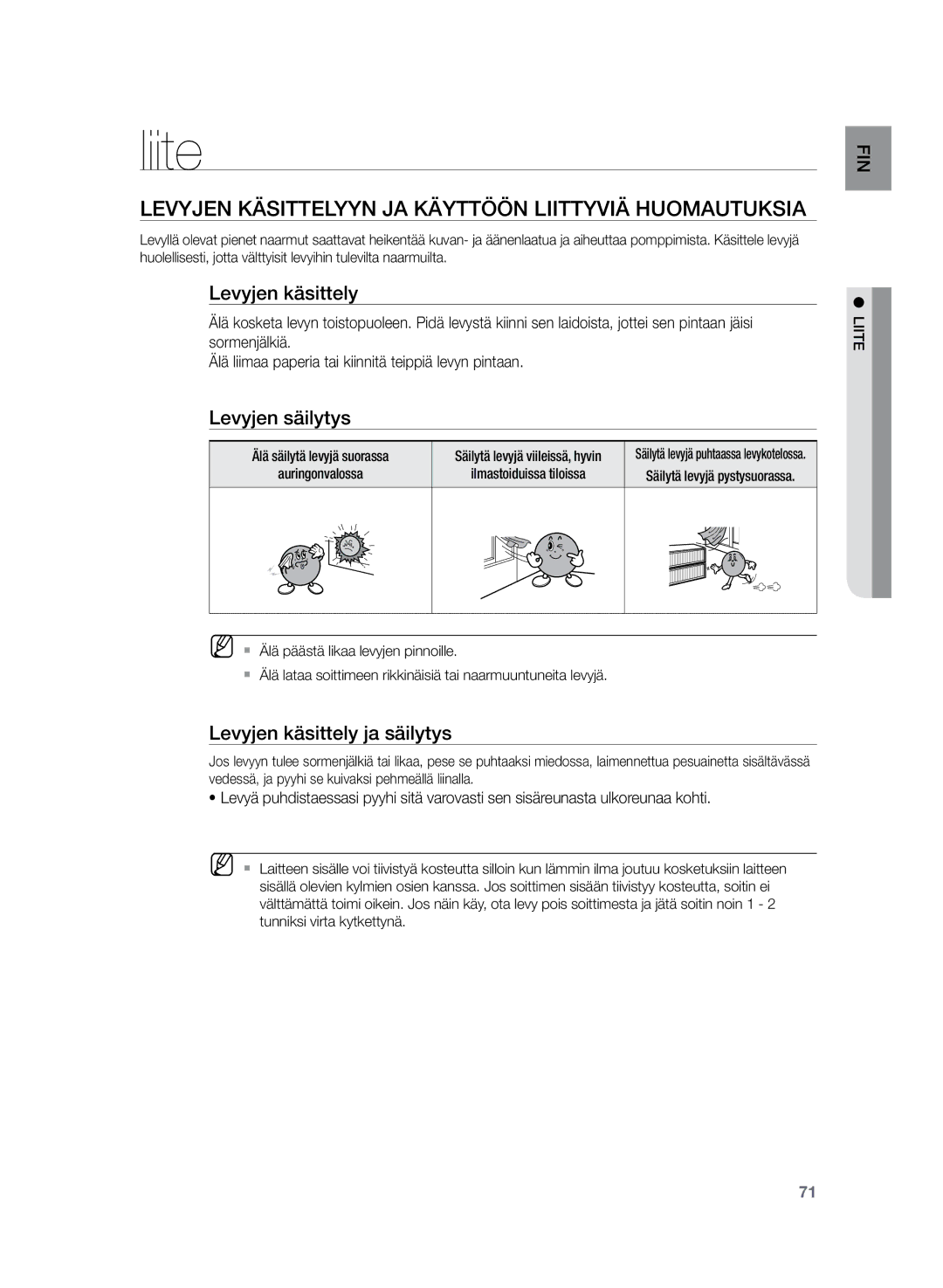 Samsung HT-Z320R/XEE, HT-TZ325R/XEE manual Liite, Levyjen käsittelyyn ja käyttöön liittyviä huomautuksia, Levyjen säilytys 