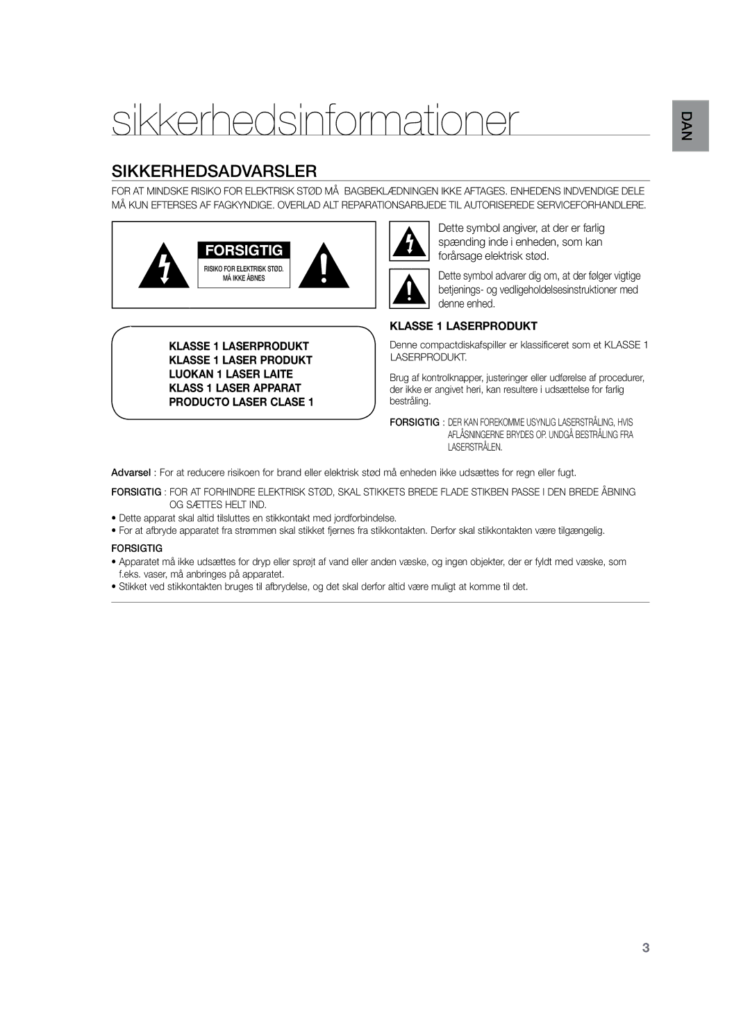 Samsung HT-Z320R/XEE, HT-TZ325R/XEE manual Sikkerhedsinformationer, Sikkerhedsadvarsler, Dan 