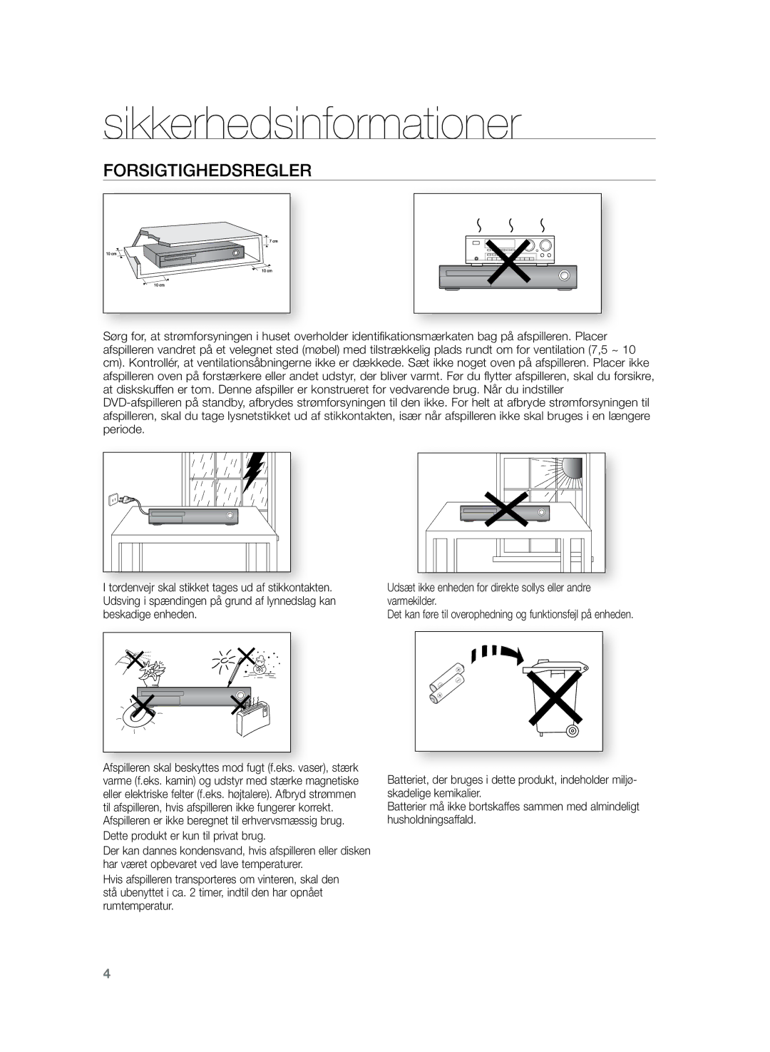 Samsung HT-TZ325R/XEE, HT-Z320R/XEE manual Forsigtighedsregler 