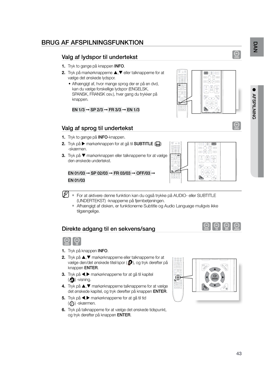 Samsung HT-Z320R/XEE Valg af lydspor til undertekst, Valg af sprog til undertekst, Direkte adgang til en sekvens/sang 