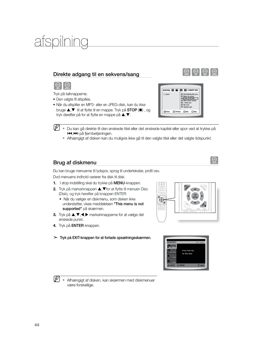 Samsung HT-TZ325R/XEE, HT-Z320R/XEE manual Brug af diskmenu, Tryk på talknapperne Den valgte fil afspilles 