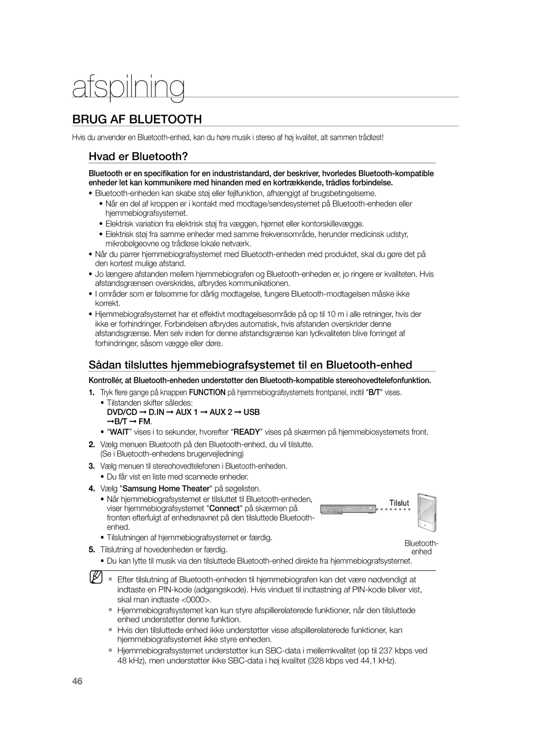 Samsung HT-TZ325R/XEE, HT-Z320R/XEE manual Brug af Bluetooth, Hvad er Bluetooth?, Tilslutning af hovedenheden er færdig 